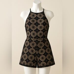 Bleuh Ciel Moody Floral Whimsy Goth Black Lace Nude Lined Halter Romper Size L